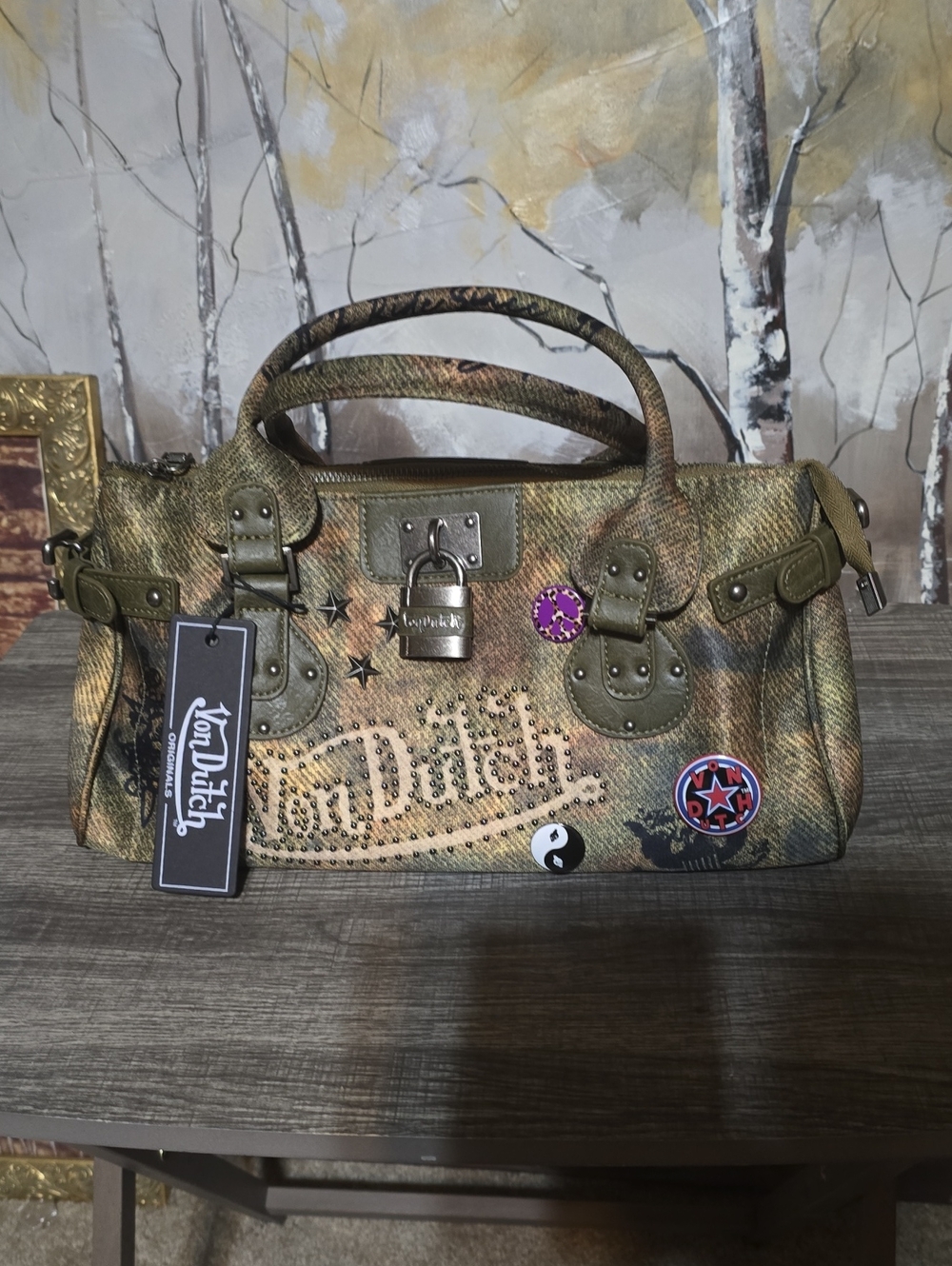 Von Dutch Olive-Tone Embellished Satchel with Metallic Accents